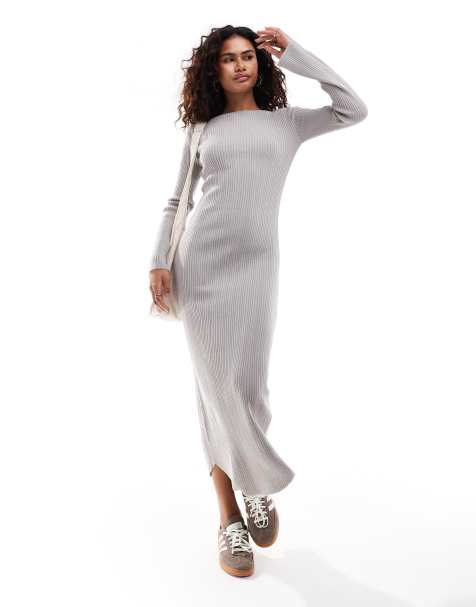 Vestido largo gris con cuello barco de punto de COLLUSION - view 1