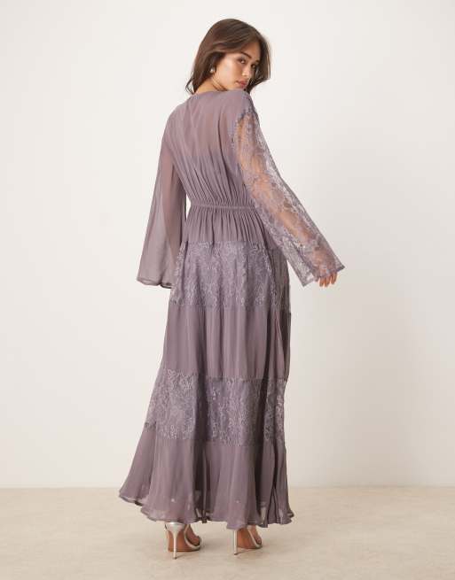 Vestido largo gris de manga larga con ribetes de encaje de ASOS DESIGN, 3 de 4