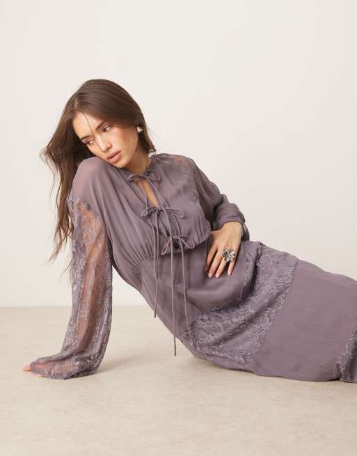 Vestido largo gris de manga larga con ribetes de encaje de ASOS DESIGN, 4 de 4