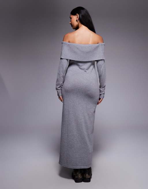 Vestido largo gris holgado con escote Bardot plegado de punto exclusivo de Kaiia, 3 de 4