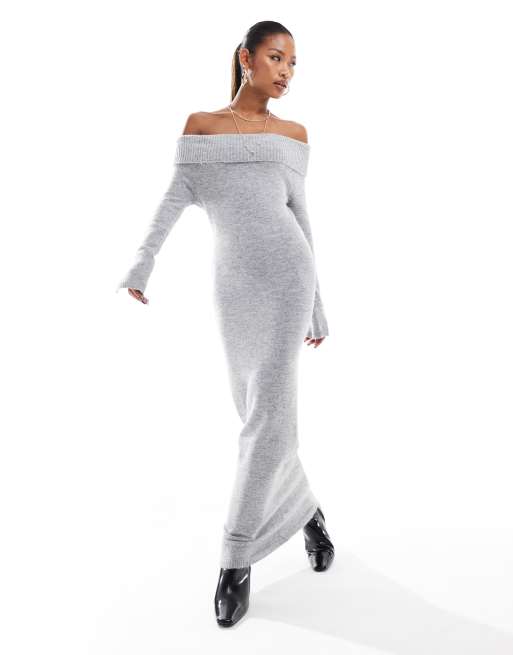 Vestido largo gris jaspeado estilo jersey con escote Bardot plegado de punto de Aria Cove