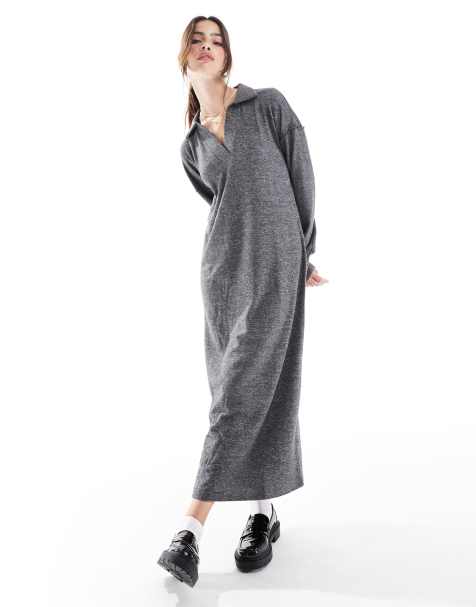 Vestido largo gris oscuro jaspeado con cuello tipo polo de tejido muy suave de Vero Moda - view 1