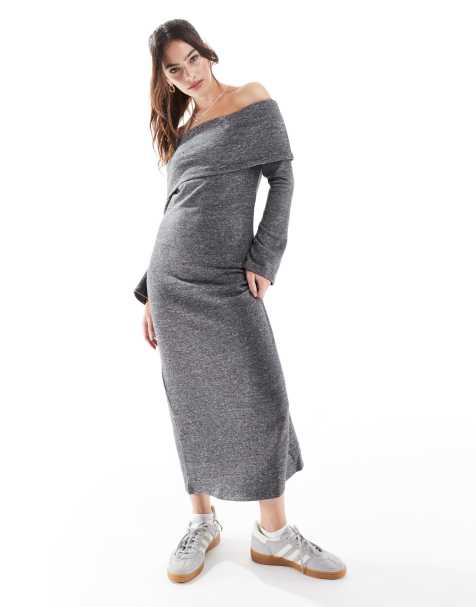 Vestido largo gris oscuro jaspeado con escote Bardot de tejido muy suave de Vero Moda - view 1