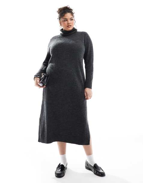 Vestido largo gris oscuro melange estilo jersey con cuello vuelto de PIECES Curve - view 1