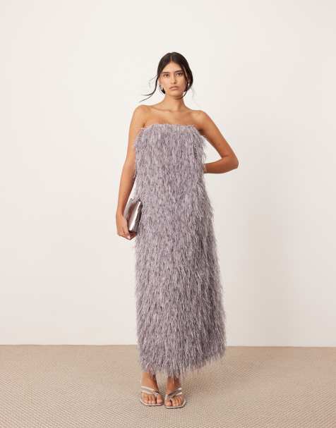Vestido largo gris paloma metalizado con detalle estilo corsé y escote palabra de honor con acabado texturizado de ASOS EDITION - view 1