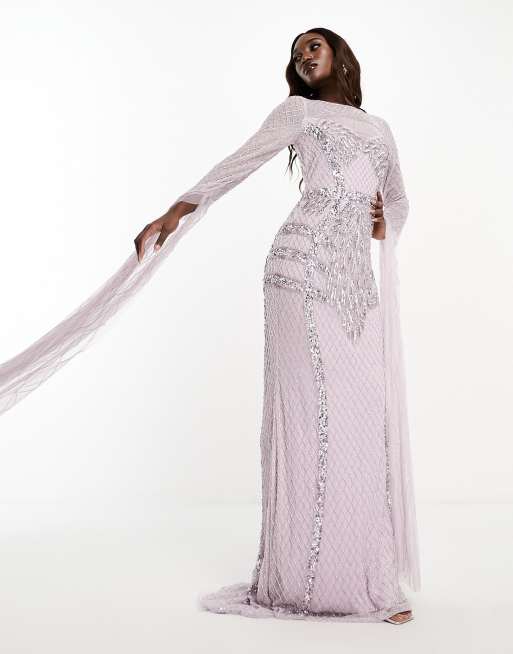 Vestido largo lila con diseño adornado y mangas exageradas de Beauut, 2 de 4