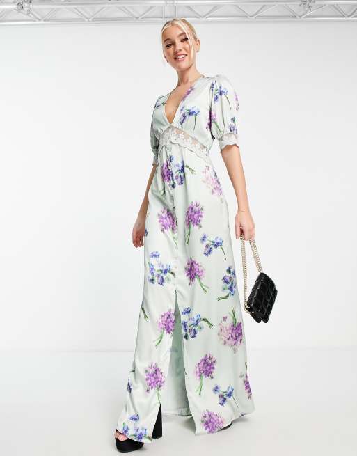 Vestido largo lila con estampado floral de satén Avery de Hope & Ivy, 4 de 4