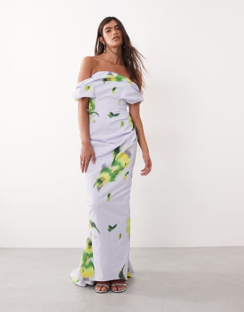 Vestido largo lila fruncido con estampado floral y escote palabra de honor de ARRANGE - view 1