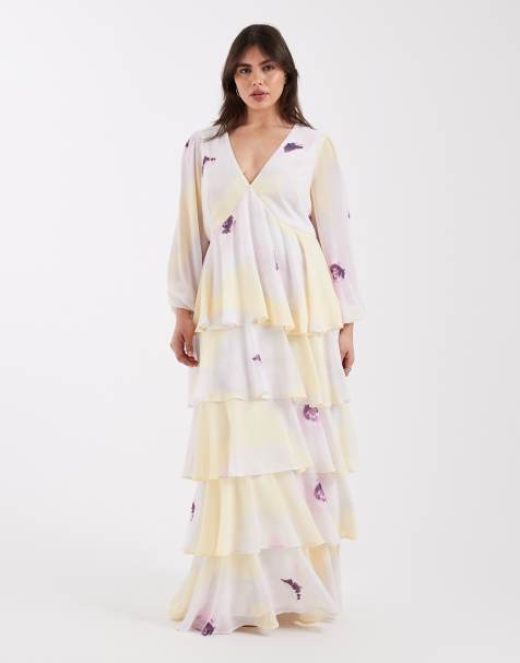 Vestido largo lila y amarillo con estampado floral y volantes de Pretty Lavish Curve - view 1
