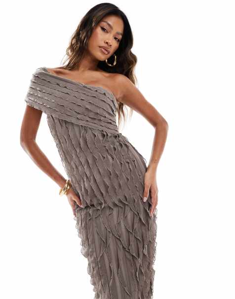 Vestido largo marrón asimétrico con detalle de abertura de tejido texturizado de ASOS DESIGN - view 1