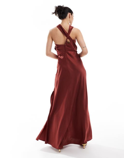 Vestido largo marrón asimétrico drapeado de satén de ASOS DESIGN, 2 de 4