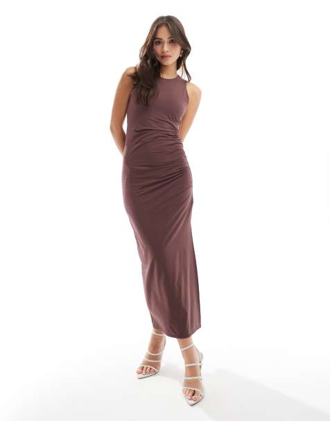 Vestido largo marrón ceñido con lateral fruncido de New Look - view 1