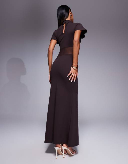Vestido largo marrón chocolate con detalle de costura efecto corsé de malla de ASOS DESIGN, 4 de 4