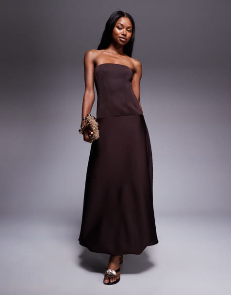 Vestido largo marrón chocolate con diseño abullonado y cintura baja de ASOS DESIGN - view 1