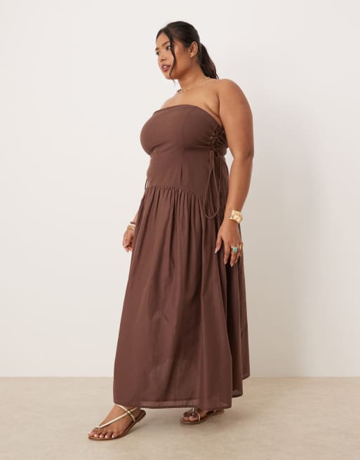 Vestido largo marrón chocolate con escote palabra de honor, cintura baja y detalle de cordones en los laterales de ASOS DESIGN Curve