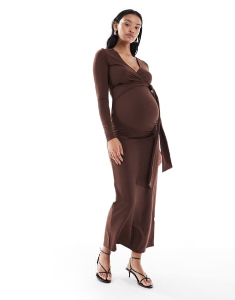 Vestido largo marrón chocolate cruzado estilo cárdigan con detalle de lazada de ASOS DESIGN Maternity - view 1