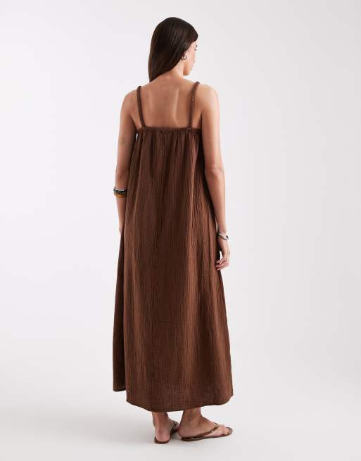 Vestido largo marrón chocolate de bambula de ONLY, 3 de 4