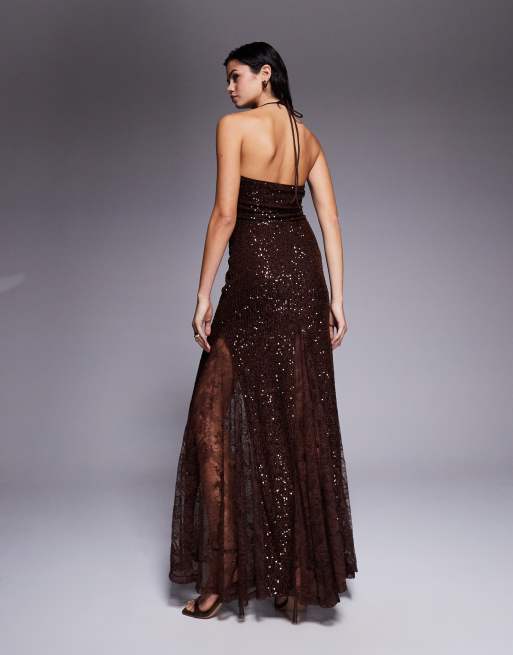 Vestido largo marrón chocolate de lentejuelas con godets de encaje de ASOS DESIGN, 4 de 4