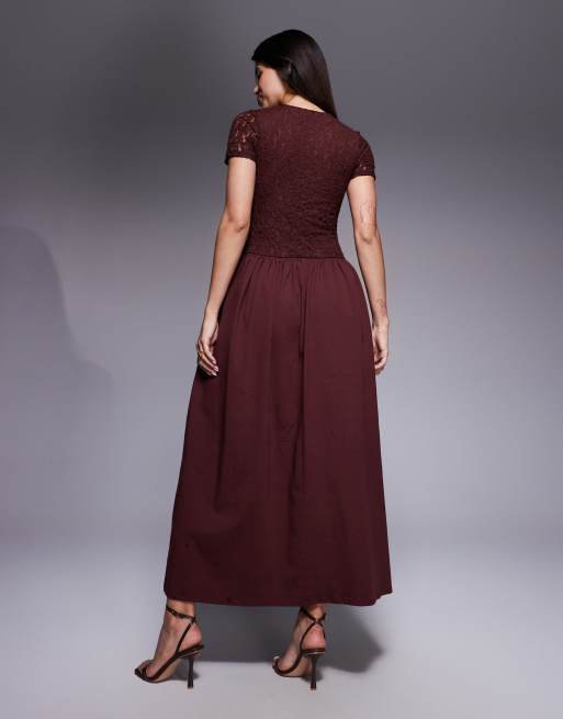Vestido largo marrón chocolate de manga corta con diseño híbrido de encaje de ASOS DESIGN, 4 de 4