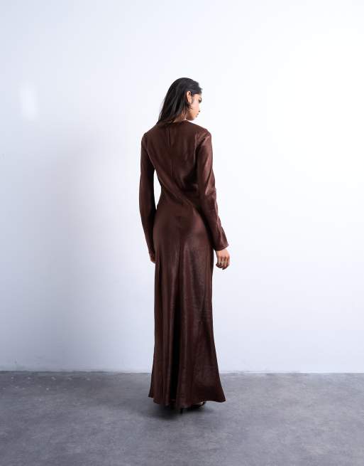 Vestido largo marrón chocolate de manga larga con diseño de paneles cosidos e insertos de encaje de Topshop, 4 de 4