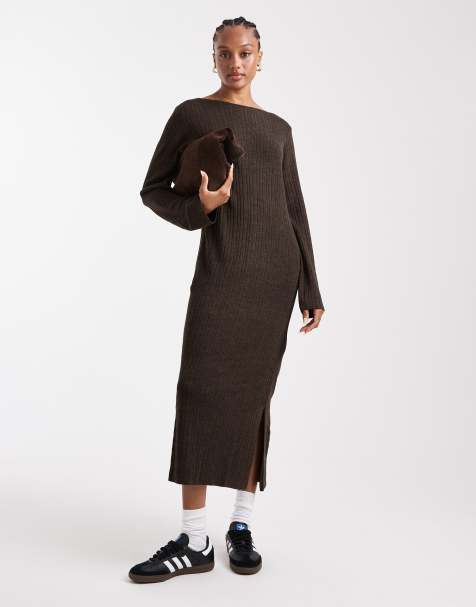 Vestido largo marrón chocolate de punto de ONLY Tall - view 1