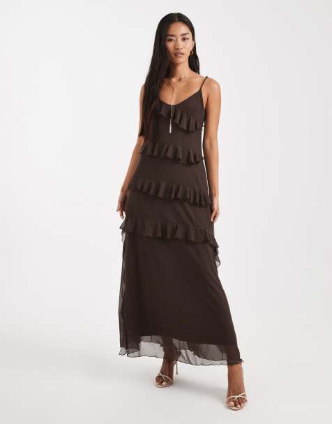 Vestido largo marrón chocolate de tirantes con volantes de malla de Object - view 1
