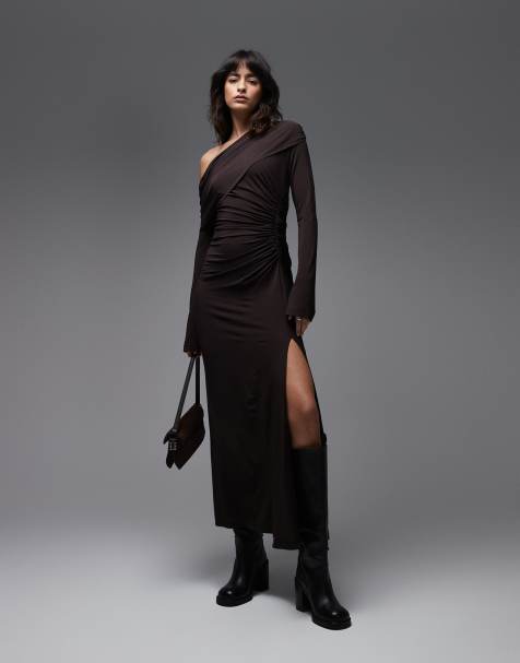 Vestido largo marrón chocolate drapeado asimétrico con abertura delantera de punto liso de & Other Stories - view 1