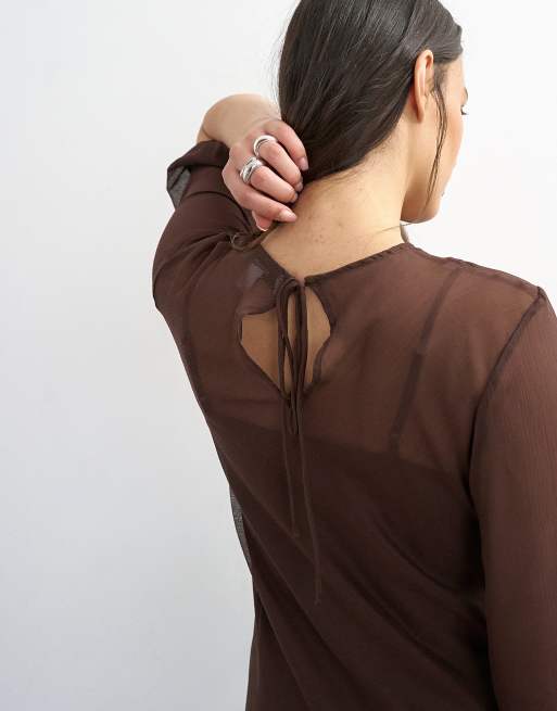 Vestido largo marrón chocolate estilo camiseta con cinturilla curvada de chifón de Topshop, 4 de 4