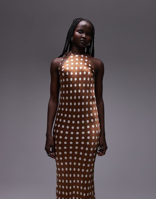 Vestido largo marrón con cuello halter y estampado de lunares de Topshop, 4 de 4