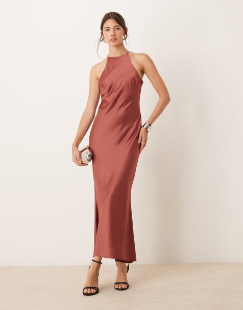 Vestido largo marrón de corte al bies con espalda de nadadora de satén de ASOS DESIGN - view 1
