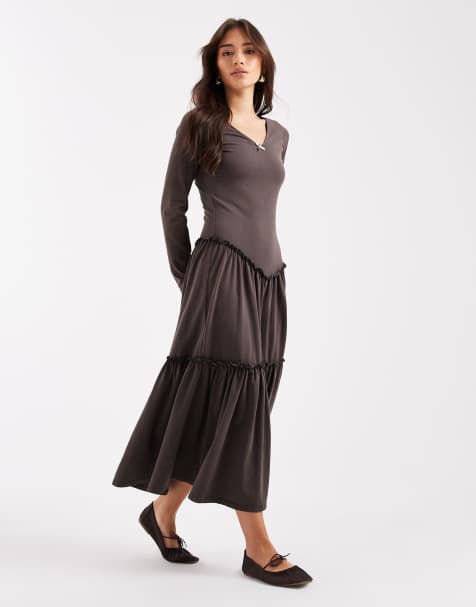 Vestido largo marrón grisáceo lavado con cintura baja y diseño escalonado de Daisy Street - view 1