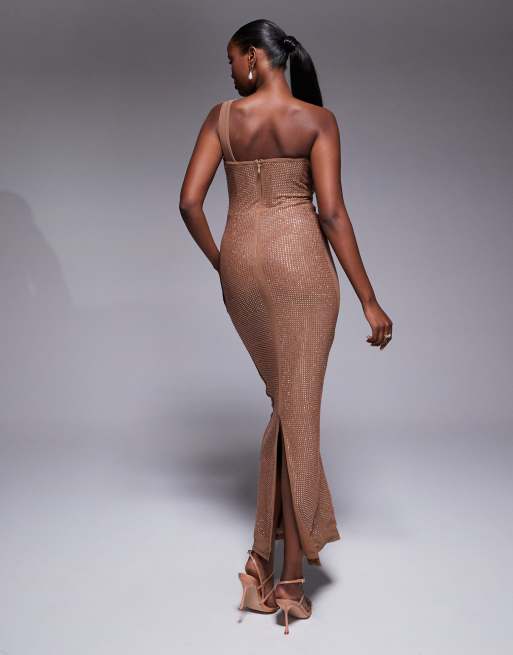 Vestido largo marrón pacana con diseño termosellado y cuello desbocado Krishna de JLUXLABEL, 2 de 4