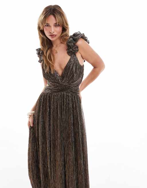 Vestido largo marrón plisado con volantes de Forever New