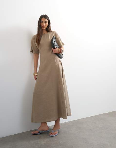 Vestido largo marrón topo estilo camiseta con cintura baja de cupro de Topshop - view 1