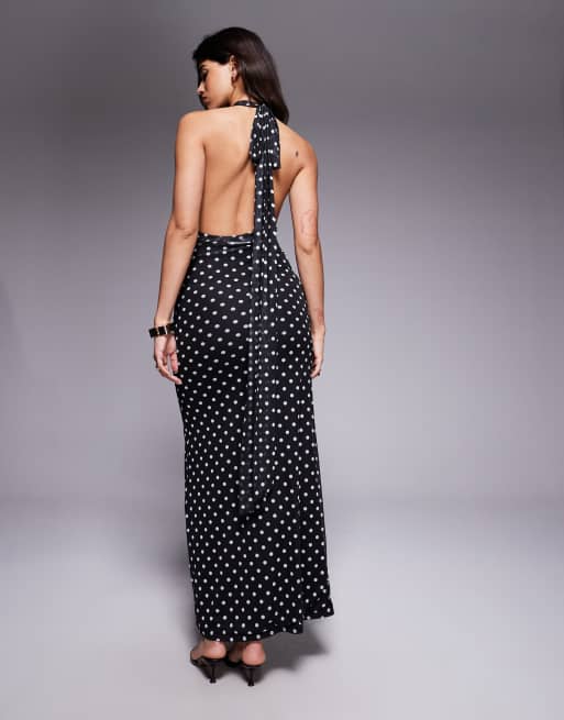 Vestido largo monocromático con estampado de lunares, panel transparente y cuello halter escotado exclusivo de Kaiia, 2 de 4