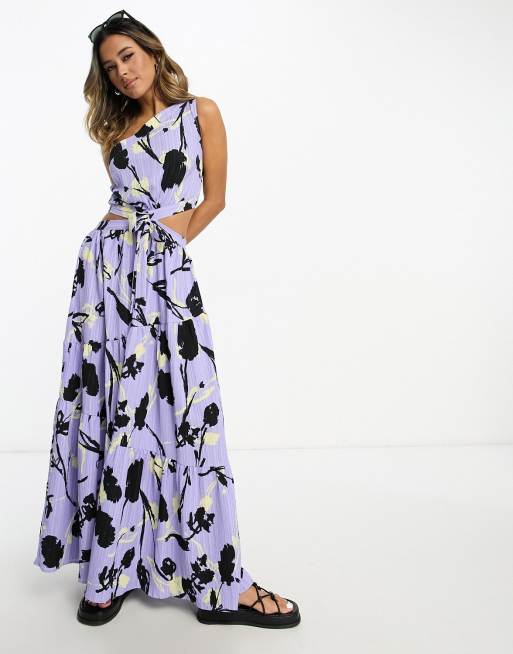 Vestido largo morado asimétrico con detalle de abertura y estampado floral de tejido rugoso texturizado de ASOS DESIGN 