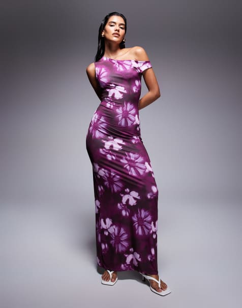 Vestido largo morado ceñido y asimétrico con estampado floral difuminado y hombro caído de tejido doble de Missyempire - view 1