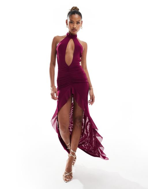 Vestido largo morado con cuello halter y abertura escotada de malla de Murci
