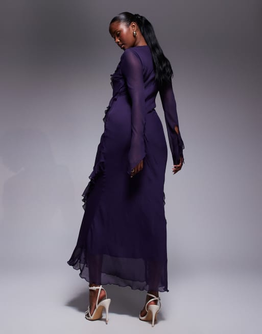 Vestido largo morado con detalle de volantes de chifón de Daska, 4 de 4