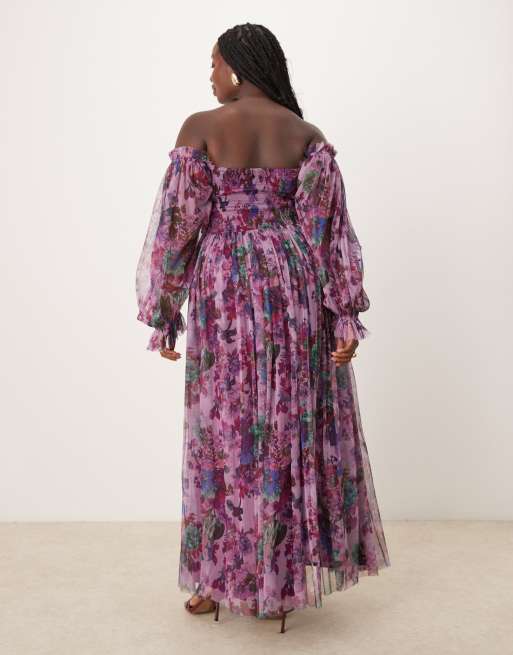 Vestido largo morado de manga larga con estampado floral y volantes de tul de Lace & Beads Plus, 4 de 4