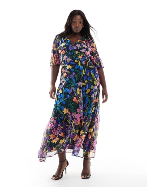 Vestido largo morado multicolor cruzado con mangas fluidas y lazada en la cintura de Hope & Ivy Plus - view 1