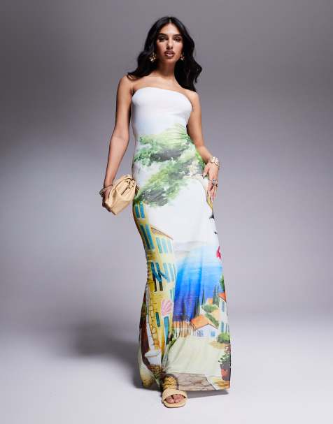 Vestido largo multicolor ceñido con estampado de paisaje y escote palabra de honor exclusivo de Kaiia - view 1