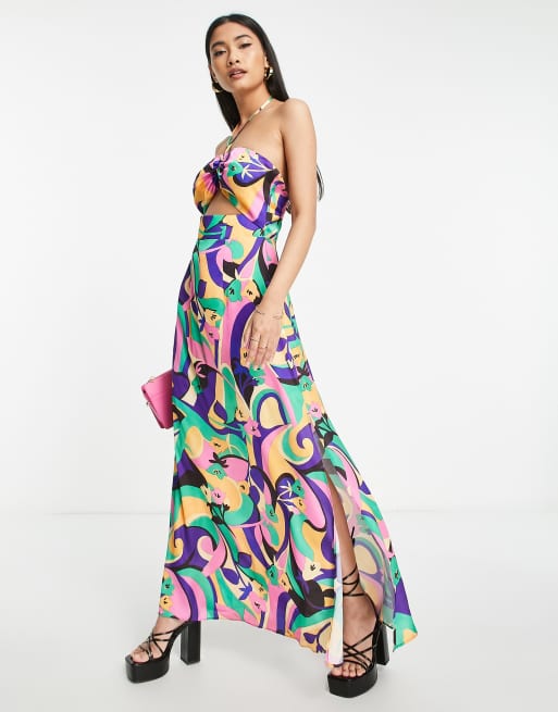 Vestido largo multicolor con estampado cuello halter y abertura de Topshop ASOS