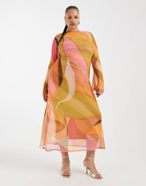 Vestido largo multicolor de manga larga con estampado abstracto de malla Aria de Never Fully Dressed Plus - view 1
