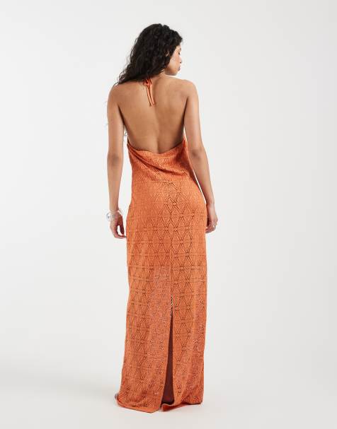 Vestido largo naranja con cuello halter de encaje elástico de Vero Moda - view 1