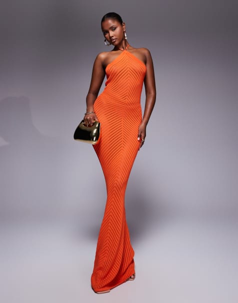 Vestido largo naranja con cuello halter y espalda descubierta de punto exclusivo de Murci - view 1