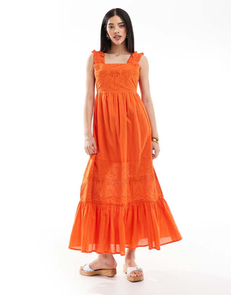 Vestido largo naranja con lazada trasera y diseño bordado Palm de South Beach - view 1