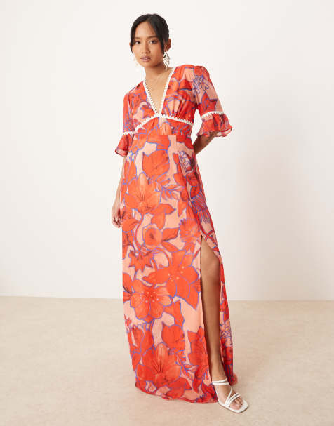 Vestido largo naranja coral con diseño estampado, mangas de volantes y abertura en la espalda de Hope & Ivy Petite - view 1