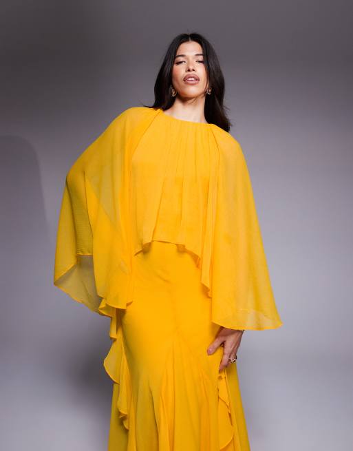 Vestido largo naranja de corte trapecio con capa superpuesta y volantes de chifón de ASOS DESIGN, 2 de 4
