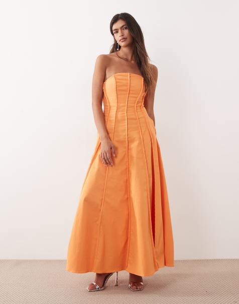 Vestido largo naranja papaya con escote palabra de honor y detalle de costuras de tejido grueso de algodón de ARRANGE - view 1